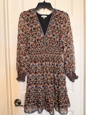 Max Studio Black Floral Long-Sleeve Smocked Waist Dress